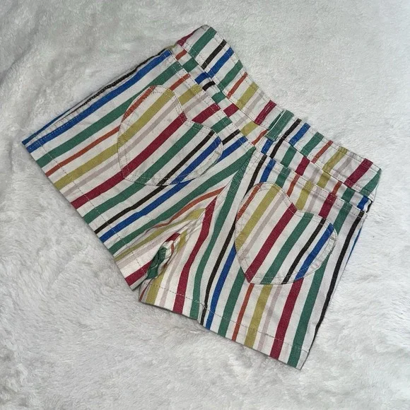 Mini Boden Rainbow Striped Denim Shorts Girls 8 Heart Pockets Colorful Preppy - Picture 5 of 7